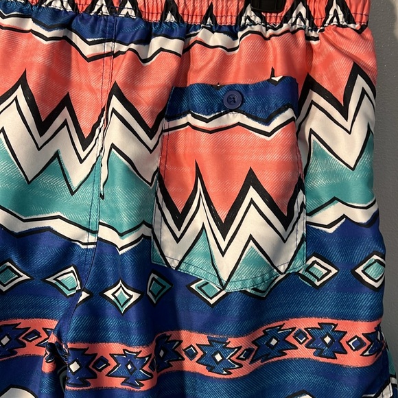 No Boundaries Geometric Pattern Men’s Swim Trunks Sz Lg. In Blue, Aqua & Coral. - Picture 3 of 10